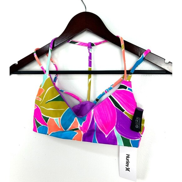 New Hurley Womens Size XS Max Isla Pull On Bikini Top Violet Tropical Print T3 - Picture 5 of 10